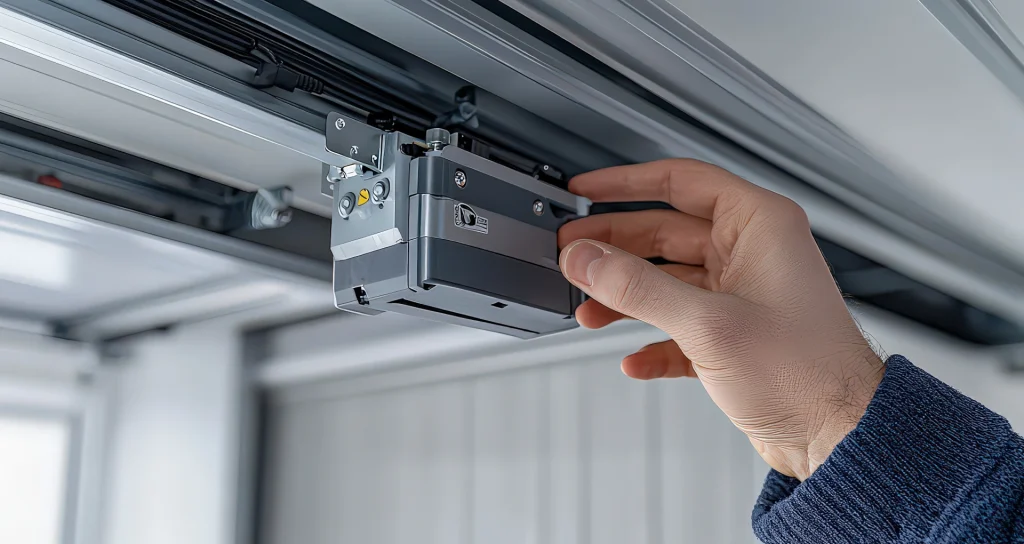 Hand adjusting a garage door opener installation, showcasing safety and convenience features for residential access in Sacramento.