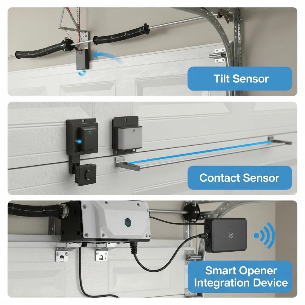 Side-by-side comparison of tilt, contact, and smart-opener sensors for garage doors
