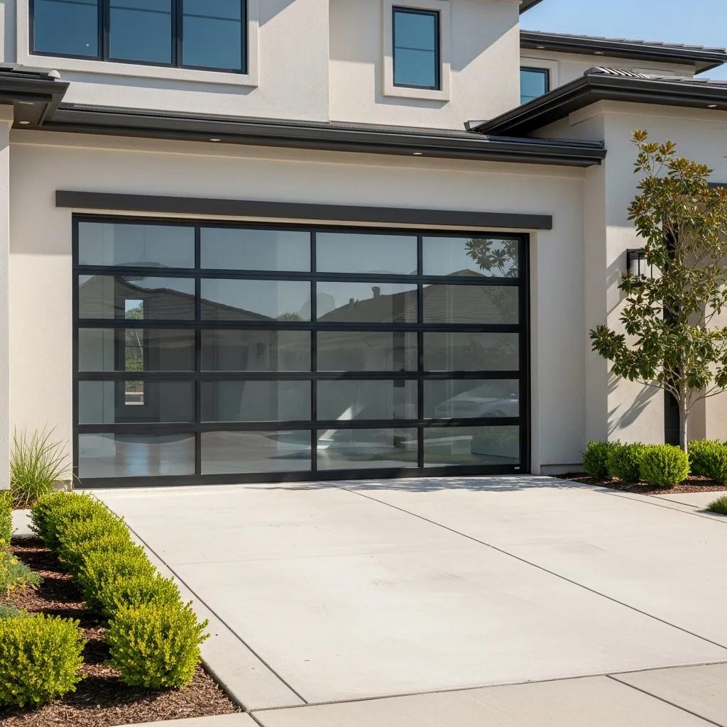 Modern garage door with full-view glass and aluminum framing enhancing home aesthetics