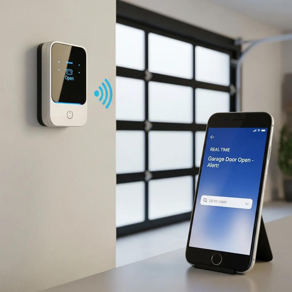Wireless garage door monitor with smartphone alerts in a modern garage setting