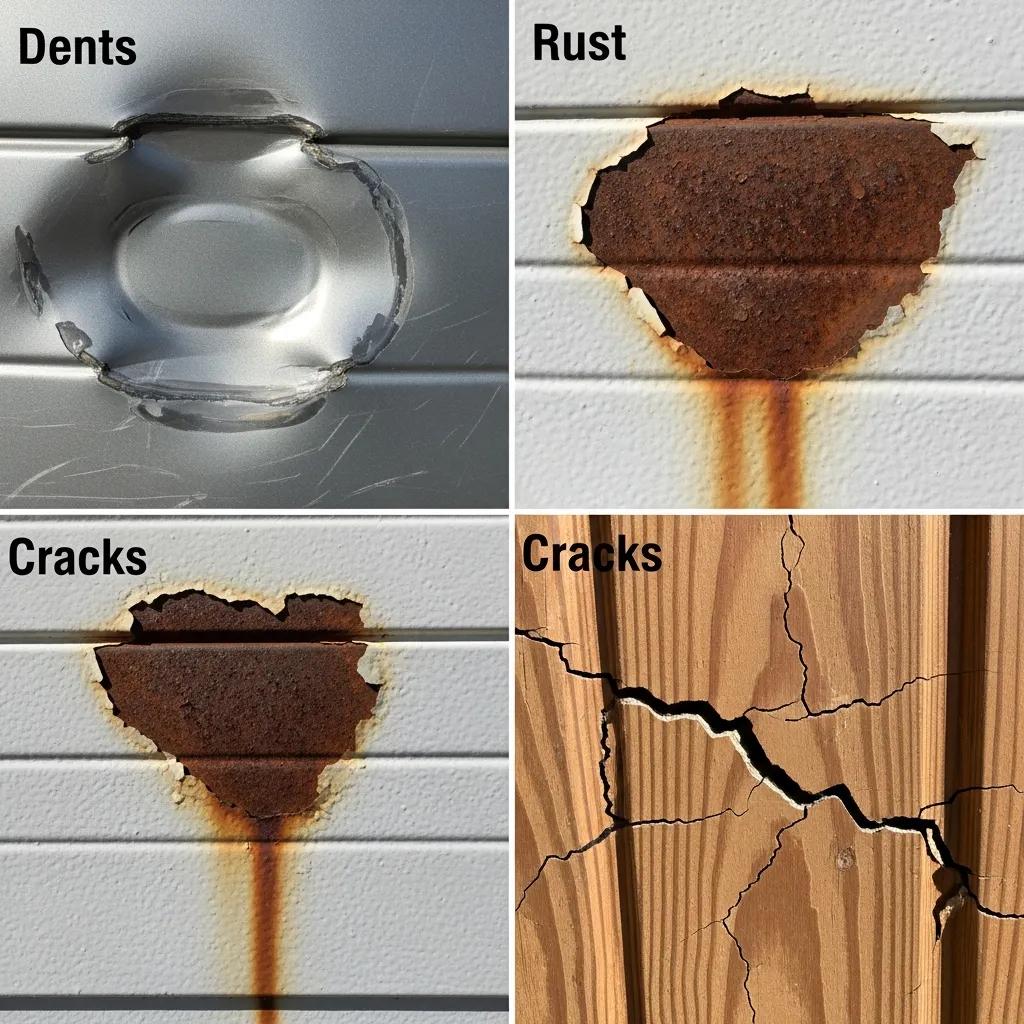 Close-up images of various garage door panel damages including dents, rust, and cracks