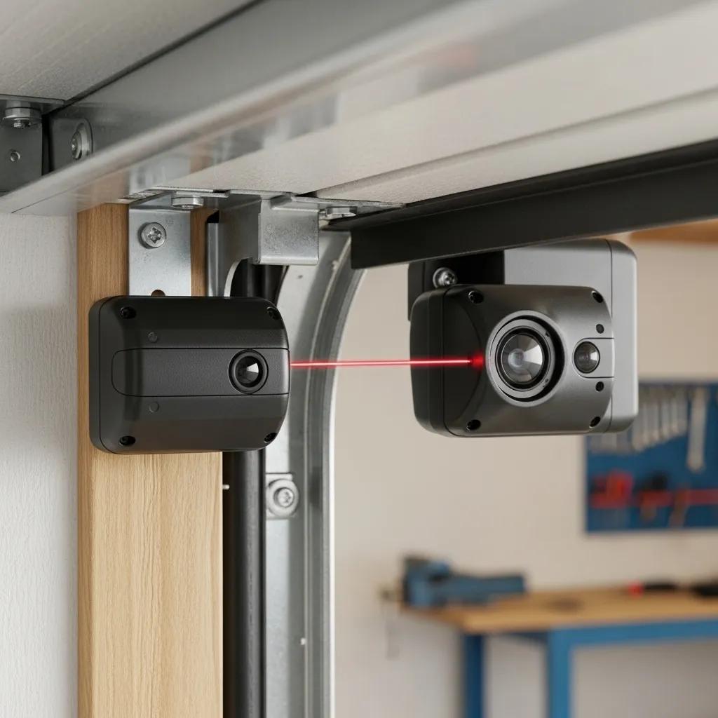 Close‑up of aligned garage door safety sensors with a clear beam
