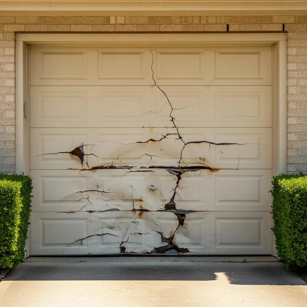 Garage door panel with visible dents and cracks, highlighting common damage types